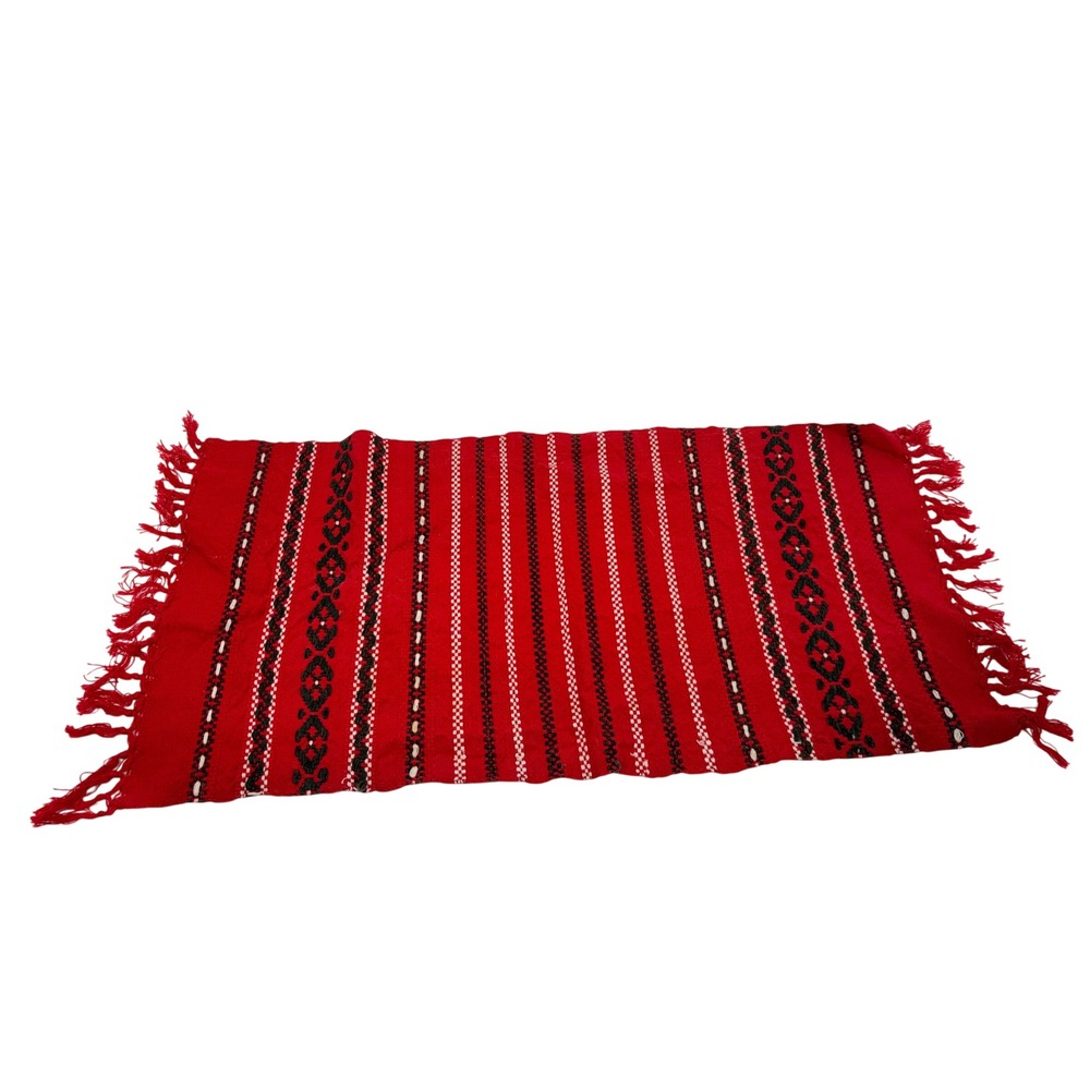 Vintage Woven Red Table Runner Black White Geometric Folk Art Fringe 12x26